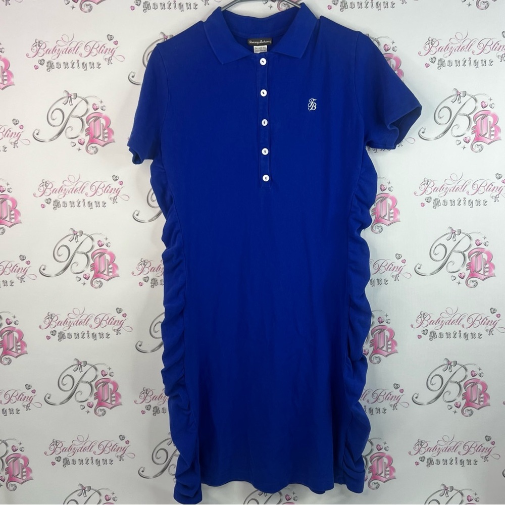 Tommy Bahama dress button up cinch sides rutched preppy Royal Blue Polo Dress